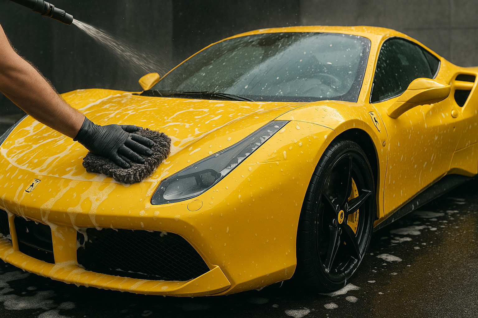 Professional car wash service - Yellow sports car being washed with premium care
